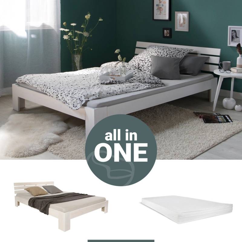 Homestyle4u Holzbett 120 x 200 cm mit Lattenrost und Matratze in Weiß 2260 von Homestyle4u