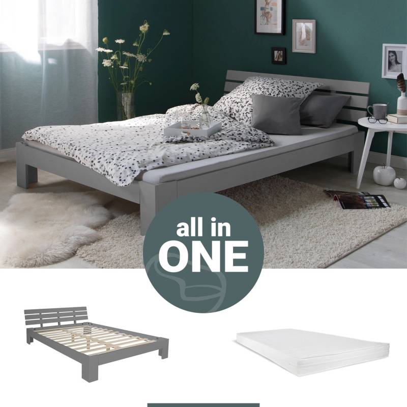 Homestyle4u Holzbett 140 x 200 cm mit Lattenrost und Matratze in Grau 2265 von Homestyle4u