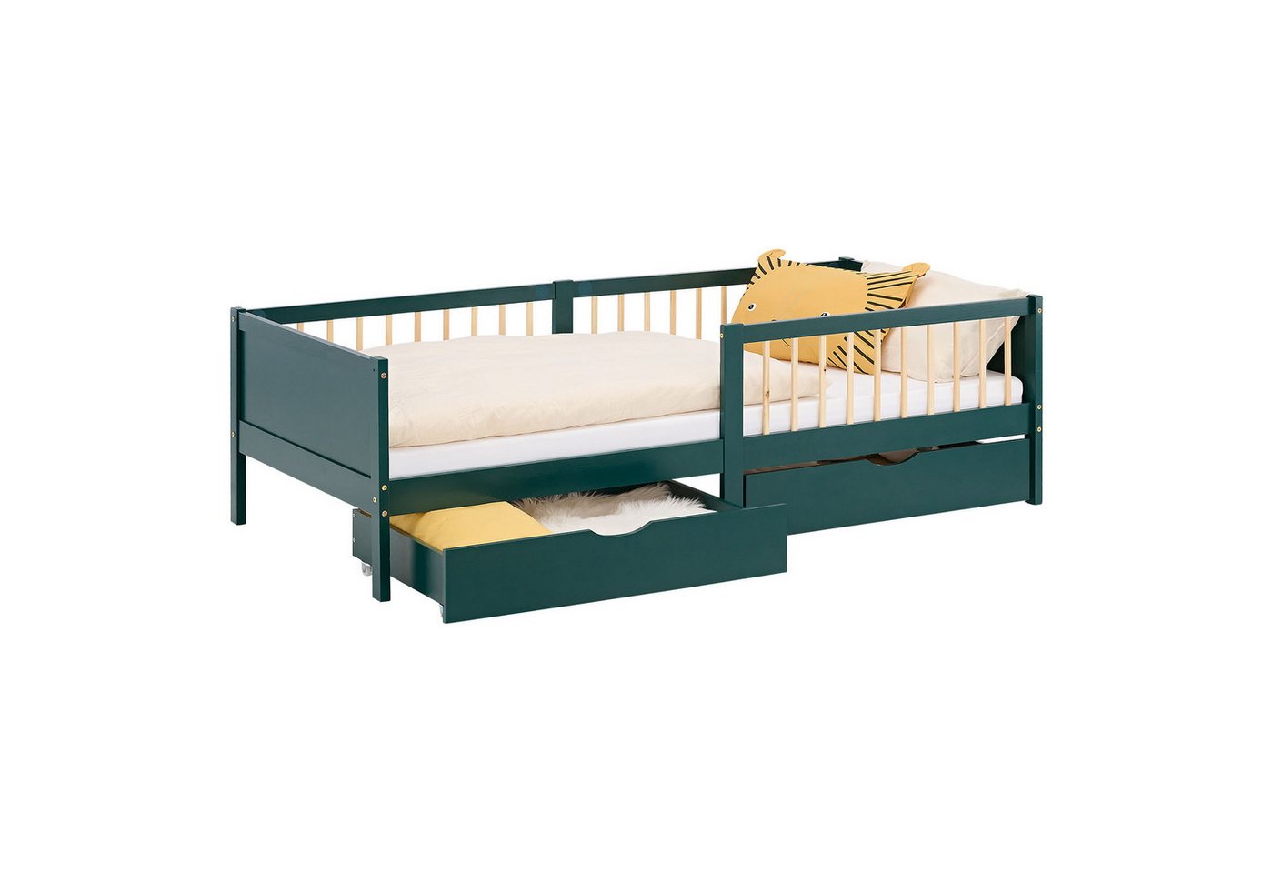 Homestyle4u Kinderbett 90x200 Kinderbett 2 Bettkästen Rausfallschutz Einzelbett Gitterbett (mit Lattenrost), Grün, mit Stauraum (Bettkasten/Schublade), Kiefer von Homestyle4u