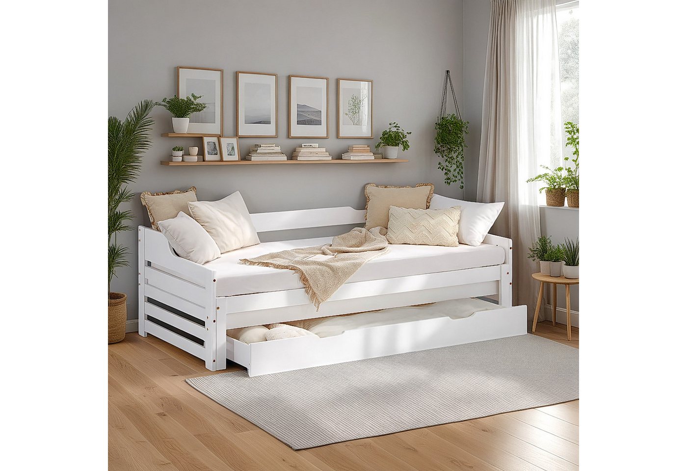 Homestyle4u Ausziehbett 90x200 Kinderbett Ausziehbett Weiß 2 Liegeflächen Gästebett 2 Personen (Set), mit Stauraum (Bettkasten/Schublade), ebene Liegefläche, ausziehbar von Homestyle4u