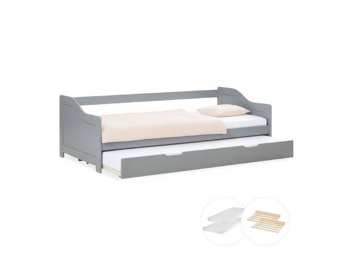 Homestyle4u Holzbett 90x200 Kinderbett Ausziehbett Weiß Grau 2 Liegeflächen Gästebett Holz (Set, mit 2x Lattenrost, mit Bettkasten / Schublade, 2x Matratze), 2x 90x200, 2 Personen/Kinder, grau, mit Matratze von Homestyle4u