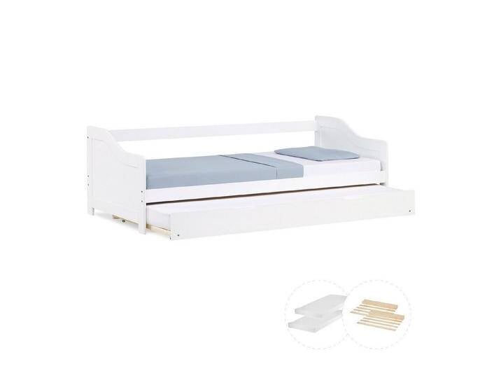 Homestyle4u Holzbett 90x200 Kinderbett Ausziehbett Weiß Grau 2 Liegeflächen Gästebett Holz (Set, mit 2x Lattenrost, mit Bettkasten / Schublade, 2x Matratze), 2x 90x200, 2 Personen/Kinder, weiß, Weiß von Homestyle4u