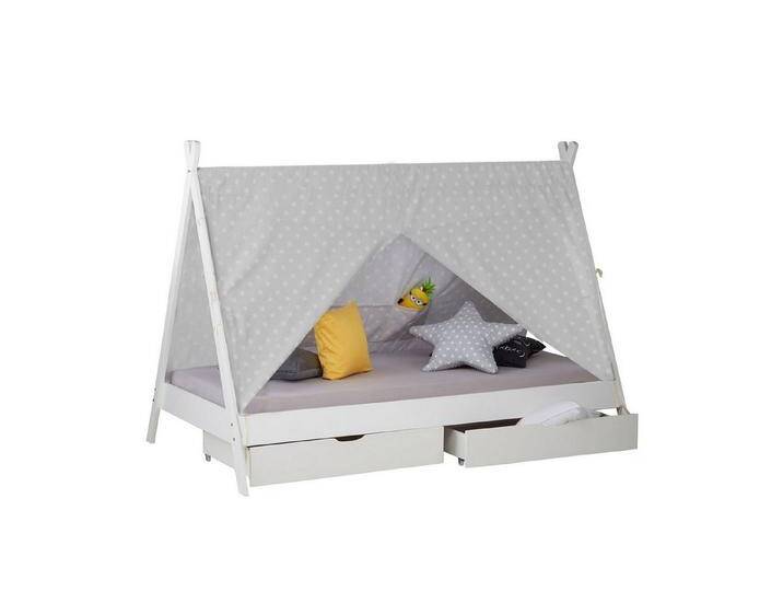 Homestyle4u Holzbett 90x200 TIPI Hausbett Weiß oder Grau Holzbett Zelt Bodenbett Kinderbett (Set, mit 2 Bettkasten/Schublade + Lattenrost), mit Stauraum, weiß von Homestyle4u