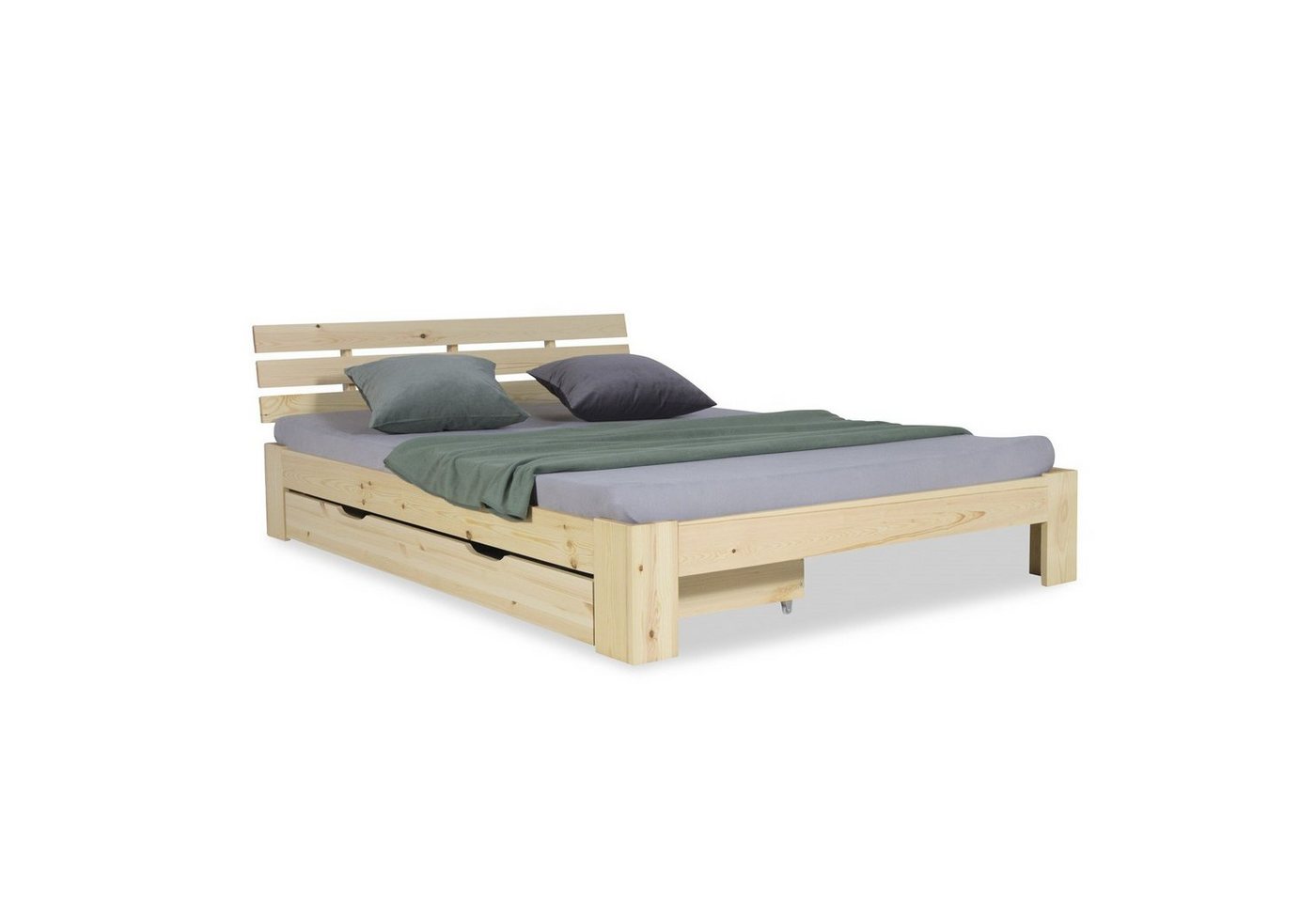 Homestyle4u Holzbett Doppelbett 140x200 cm inkl. Lattenrost + Bettkasten Natur Holz Massiv von Homestyle4u