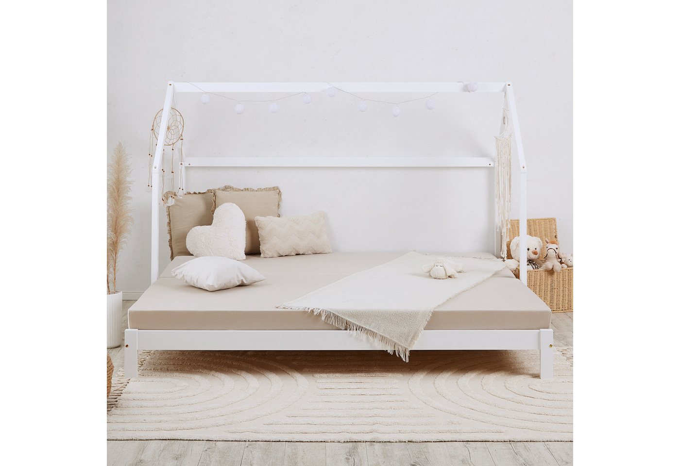 Homestyle4u Holzbett Hausbett ausziehbar 90x200 Weiß Matratze, ebene Liegefläche zum Kuscheln, Stillen und gemeinsamen Einschlafen von Homestyle4u