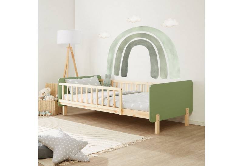 Homestyle4u Kinderbett Kinderbett 90x200 Einzelbett Rausfallschutz Holzfüße Gestell Holz Bett (Komplett-Set mit Lattenrost, Matratze mit OEKO-TEX® Standard 100), Grün von Homestyle4u