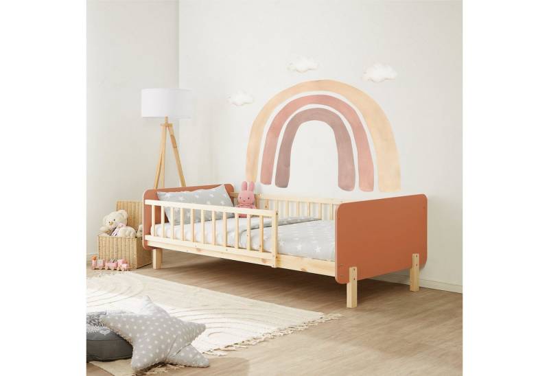 Homestyle4u Holzbett Kinderbett 90x200 Einzelbett Rausfallschutz Holzfüße Gestell Holz Bett (Set, mit Lattenrost und Matratze), Rot von Homestyle4u