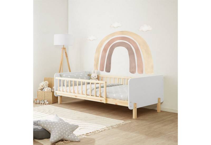 Homestyle4u Kinderbett Kinderbett 90x200 Einzelbett Rausfallschutz Holzfüße Gestell Holz Bett (Komplett-Set mit Lattenrost, Matratze mit OEKO-TEX® Standard 100), Weiß von Homestyle4u