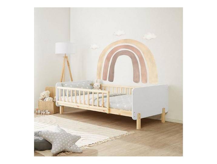 Homestyle4u Holzbett Kinderbett 90x200 Einzelbett Rausfallschutz Holzfüße Gestell Holz Bett (Set, mit Lattenrost und Matratze), Weiß, rosa weiß von Homestyle4u