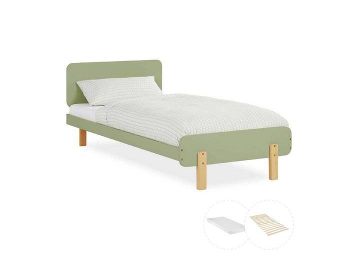 Homestyle4u Holzbett Kinderbett 90x200 cm Einzelbett Jugendbett Holzfüße Gästebett Holz (Set, mit Lattenrost und Matratze), Grün, Matratze mit OEKO-TEX® Standard 100, grau grün von Homestyle4u