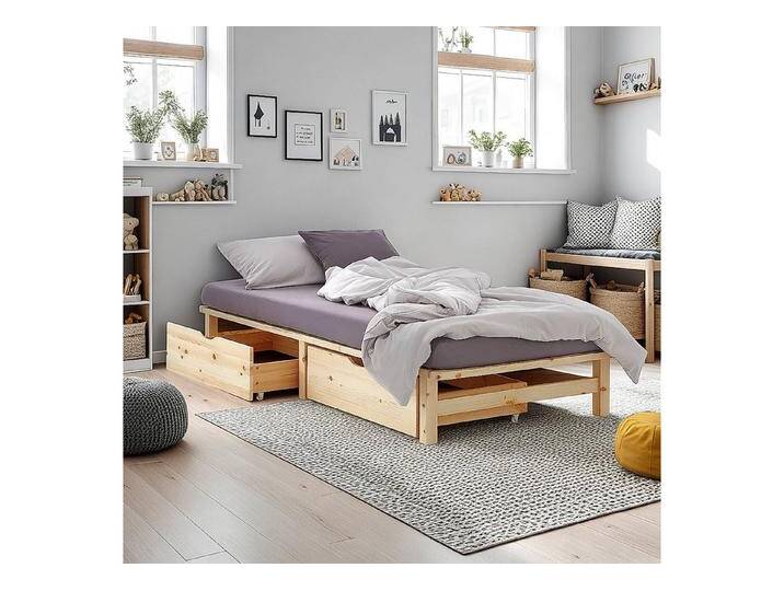 Homestyle4u Holzbett Palettenbett Holz Kiefer Futonbett Bettgestell Bett mit Stauraum (Set, mit Lattenrost, 2x Bettkasten/Schublade), 100x200, naturbelassen, braun von Homestyle4u