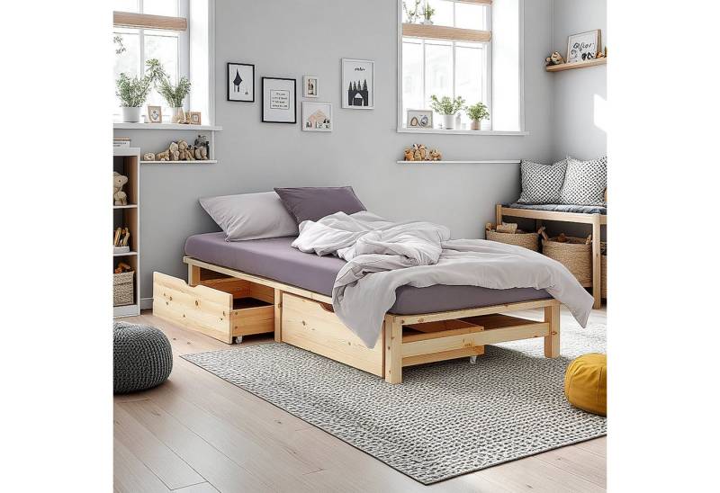Homestyle4u Palettenbett Holzbett Kiefer Futonbett Bettgestell Bett mit Stauraum Massivholzbett (Set mit Lattenrost, 2x Bettkasten/Schublade), 100x200, naturbelassen von Homestyle4u