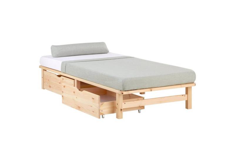 Homestyle4u Palettenbett Holzbett Kiefer Futonbett Bettgestell Bett mit Stauraum Massivholzbett (Set mit Lattenrost, 2x Bettkasten/Schublade), 90x200, naturbelassen von Homestyle4u