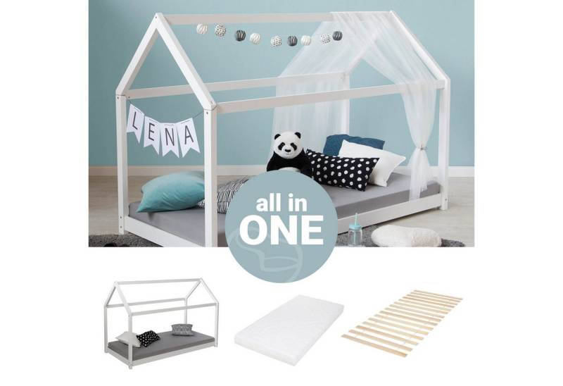 Homestyle4u Hausbett 80 x 160 cm Kinderbett inkl. Matratze Kinderhaus Bodenbett Weiß (Komplett-Set mit Lattenrost, Matratze mit OEKO-TEX® Standard 100), Kiefer von Homestyle4u