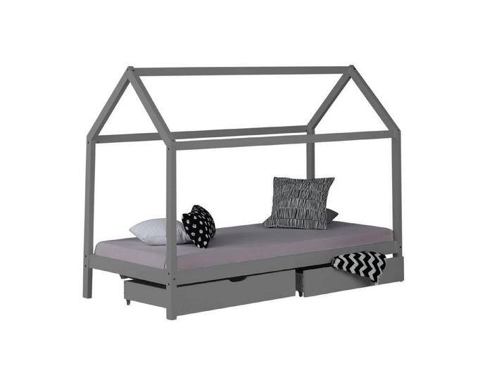 Homestyle4u Kinderbett 90 x 200 cm Weiß oder Grau Hausbett Bodenbett (Set, Bettgestell mit Lattenrost und Matratze), grau, mit 2 Bettkästen, Grau von Homestyle4u
