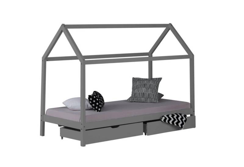 Homestyle4u Kinderbett 90 x 200 cm Weiß oder Grau Hausbett Bodenbett (Set, Bettgestell mit Lattenrost und Matratze) von Homestyle4u