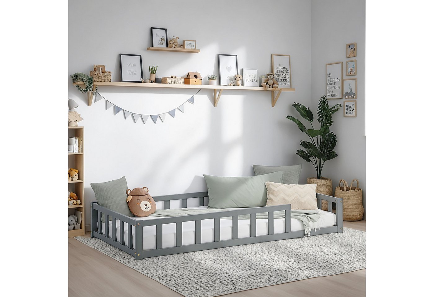 Homestyle4u Kinderbett 90x200 / 120x200 Weiß Natur Holzbett Bodenbett Montessori Kleinkind (Set, mit Lattenrost), mit Rausfallschutz von Homestyle4u