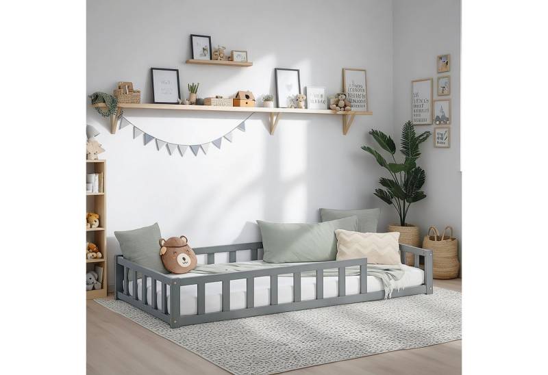 Homestyle4u Kinderbett 90x200 / 120x200 Weiß Natur Holzbett Bodenbett Montessori Kleinkind (Set, mit Lattenrost), mit Rausfallschutz von Homestyle4u