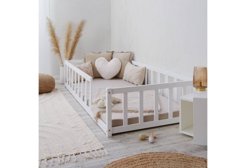 Homestyle4u Kinderbett 90x200 / 120x200 Weiß Natur Holzbett Bodenbett Montessori Kleinkind (Set, mit Lattenrost), mit Rausfallschutz von Homestyle4u