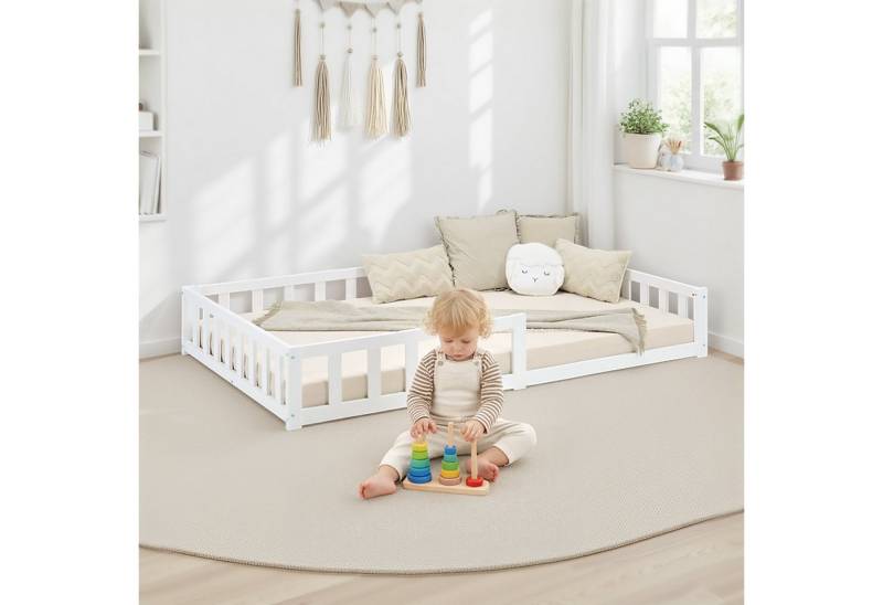 Homestyle4u Kinderbett 90x200 / 120x200 Weiß Natur Holzbett Bodenbett Montessori Kleinkind (Set, mit Lattenrost), mit Rausfallschutz, Einstieg wechselseitig von Homestyle4u