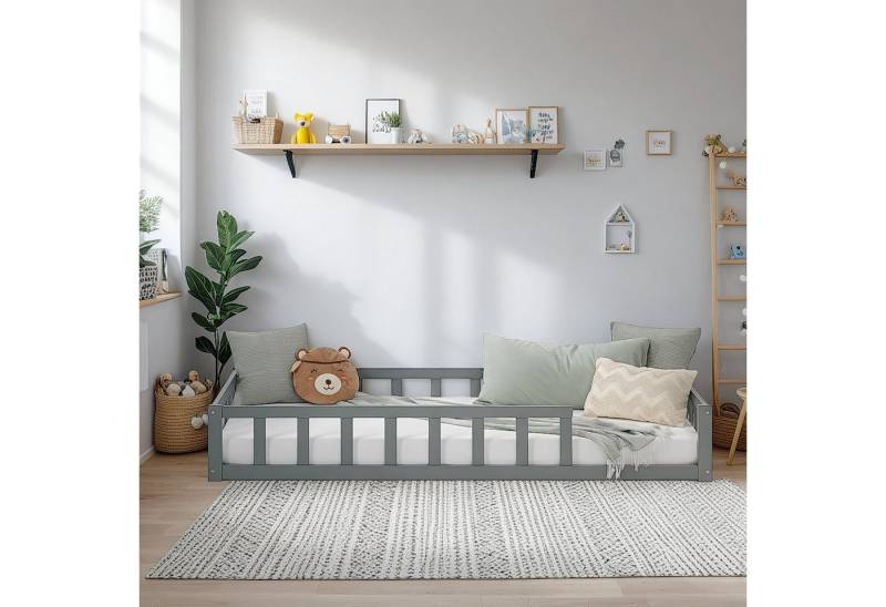 Homestyle4u Kinderbett 90x200 / 120x200 Weiß Natur Holzbett Bodenbett Montessori Kleinkind (Komplett-Set mit Lattenrost, Matratze mit OEKO-TEX® Standard 100), mit Rausfallschutz von Homestyle4u