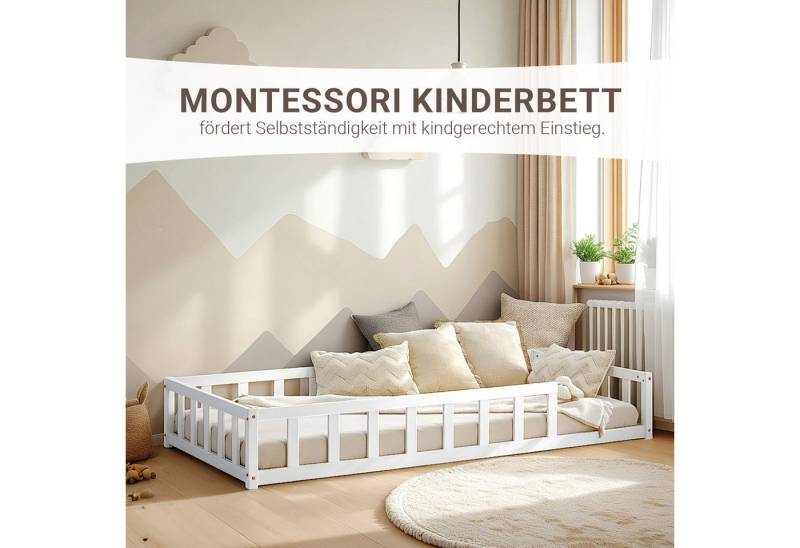Homestyle4u Kinderbett 90x200 / 120x200 Weiß Natur Holzbett Bodenbett Montessori Kleinkind (Komplett-Set mit Lattenrost, Matratze mit OEKO-TEX® Standard 100), mit Rausfallschutz von Homestyle4u
