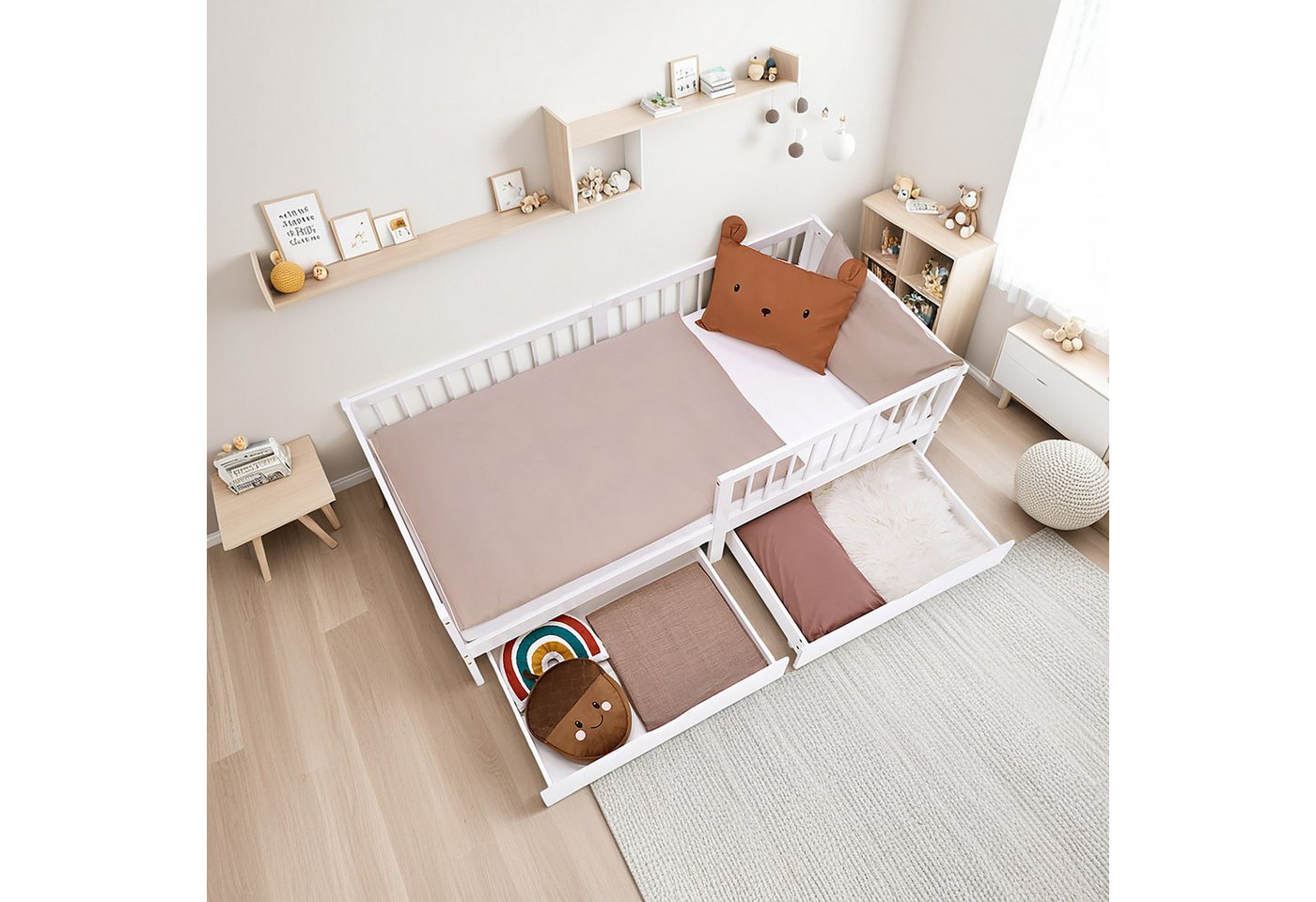 Homestyle4u Holzbett 90x200 2 Bettkästen Rausfallschutz Einzelbett Gitterbett mit Stauraum (Komplettset, mit Lattenrost und Matratze), 100 von Homestyle4u