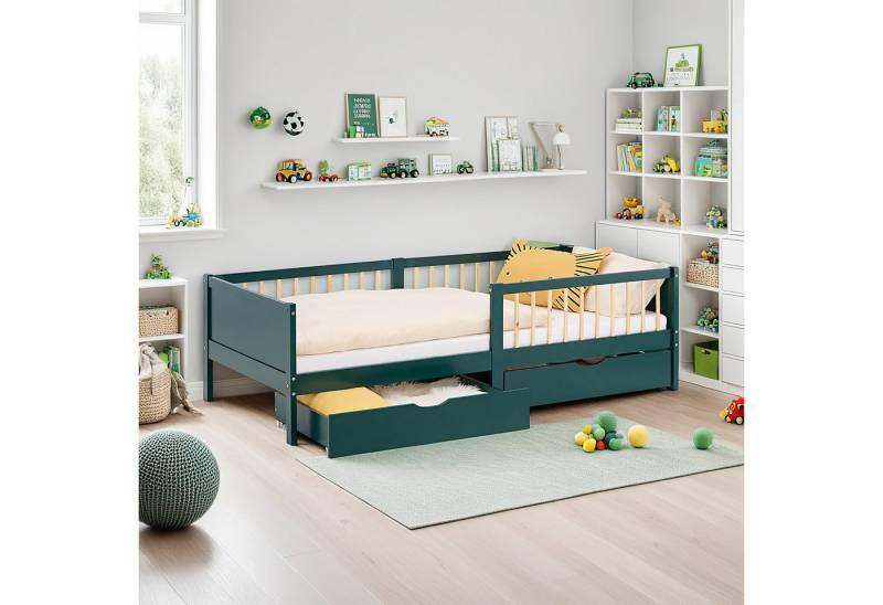 Homestyle4u Holzbett 90x200 2 Bettkästen Rausfallschutz Einzelbett Gitterbett mit Stauraum (Komplett-Set mit Lattenrost, Matratze mit OEKO-TEX® Standard 100), Grün, Bettkasten/Schublade, Kiefer von Homestyle4u
