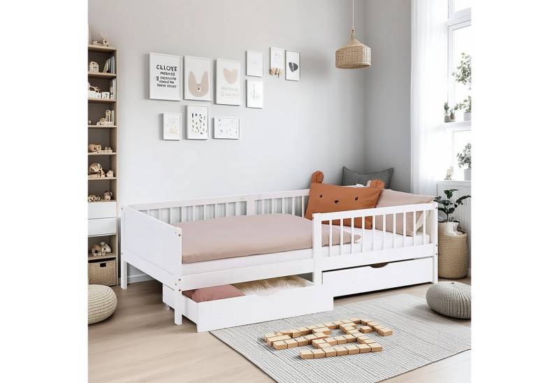Homestyle4u Holzbett 90x200 2 Bettkästen Rausfallschutz Einzelbett Gitterbett mit Stauraum (Set, mit Lattenrost), Weiß, Bettkasten/Schublade, Kiefer von Homestyle4u