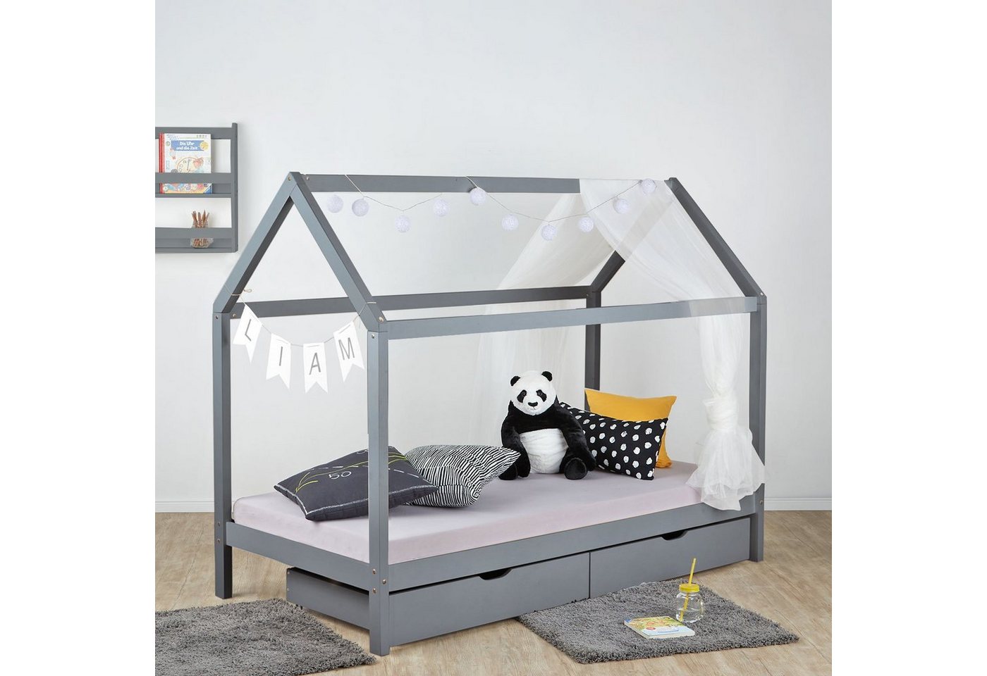 Homestyle4u Kinderbett 90x200 Hausbett Bettgestell mit Stauraum Dach Holz Kiefer (Set, mit Lattenrost und Bettkasten/Schublade, Set, mit Lattenrost und Bettkasten/Schublade), Grau von Homestyle4u