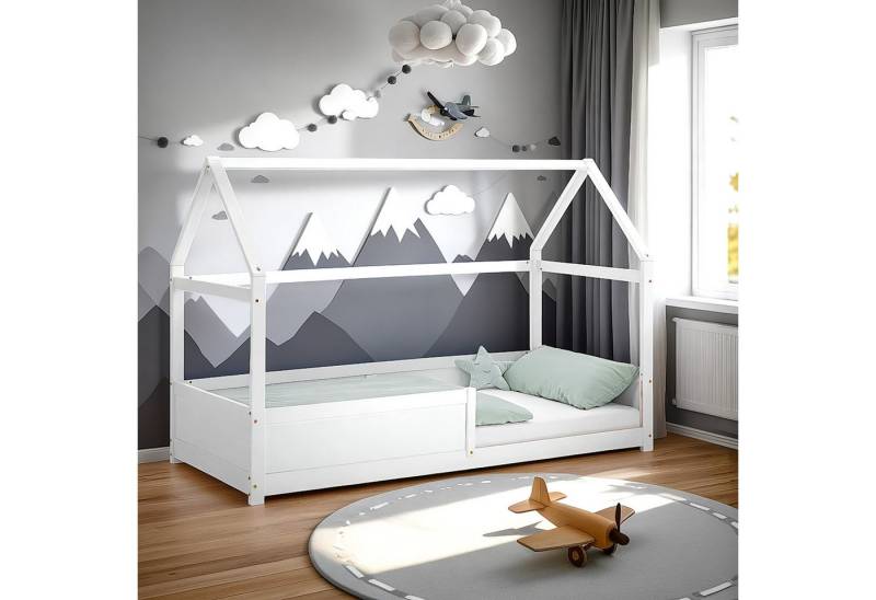 Homestyle4u Hausbett 90x200 Hausbett Bodenbett Rausfallschutz Weiß Dach Haus Kleinkind (Komplett-Set mit Lattenrost, Matratze mit OEKO-TEX® Standard 100), H2, Härtegrad 2 von Homestyle4u