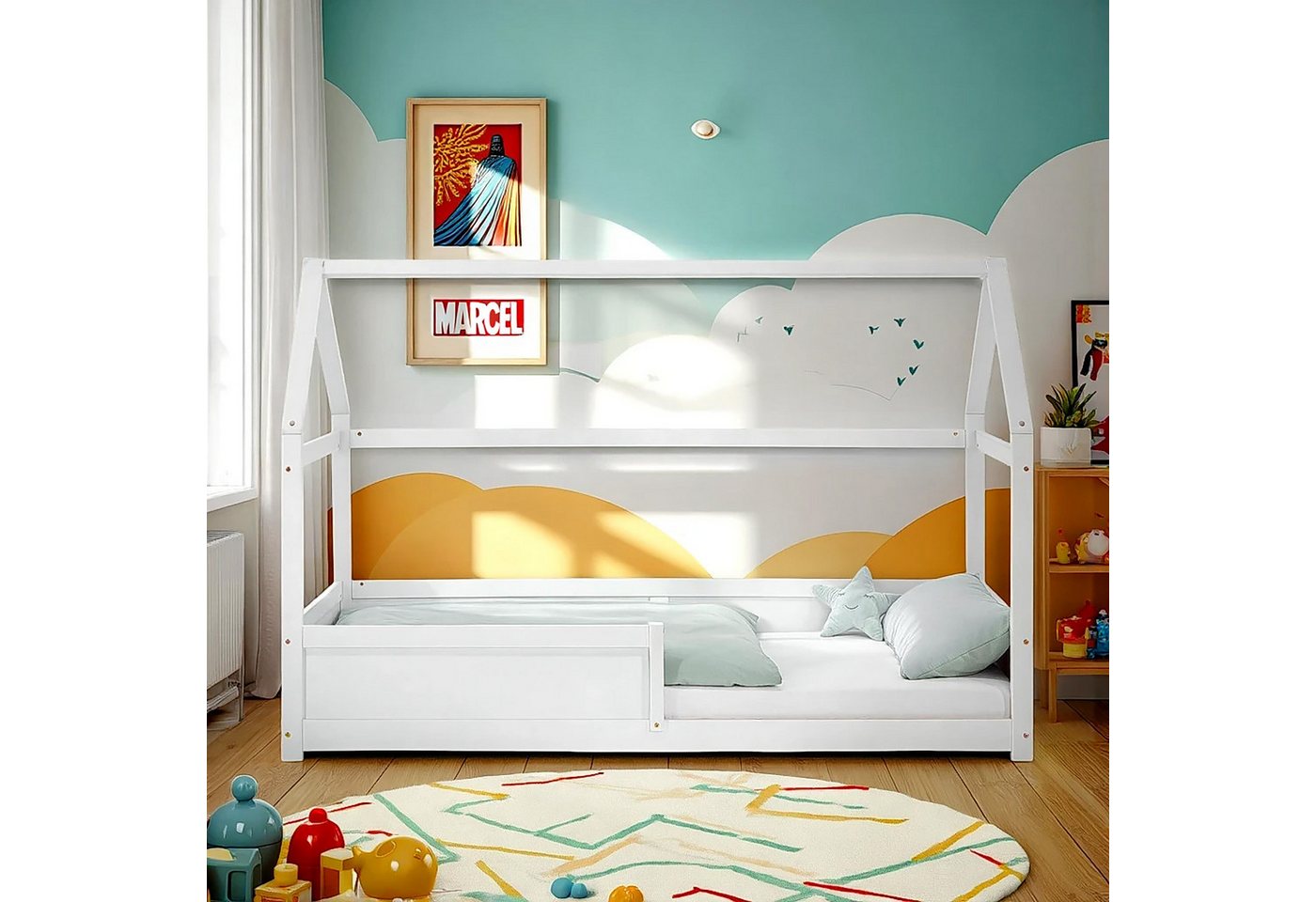 Homestyle4u Hausbett 90x200 Hausbett Bodenbett Rausfallschutz Weiß Dach Haus Kleinkind (Komplett-Set mit Lattenrost, Matratze mit OEKO-TEX® Standard 100) von Homestyle4u