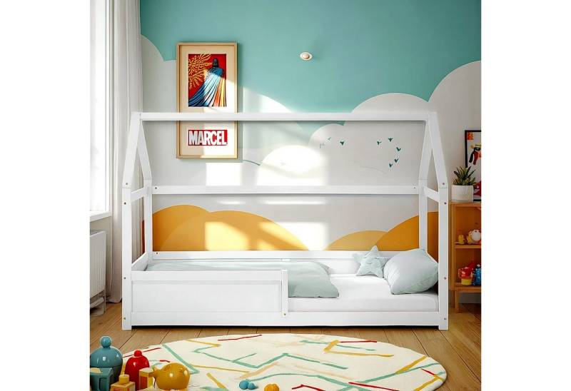 Homestyle4u Hausbett 90x200 Hausbett Bodenbett Rausfallschutz Weiß Dach Haus Kleinkind (Komplett-Set mit Lattenrost, Matratze mit OEKO-TEX® Standard 100) von Homestyle4u