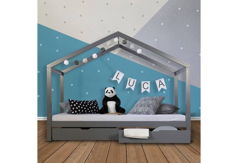 Homestyle4u Hausbett 90x200 Hausbett Holz Holzbett mit Dach Kinder Grau, Natur oder Weiß (Set, mit Lattenrost & 2 Schubladen/Bettkasten), mit Strauraum von Homestyle4u