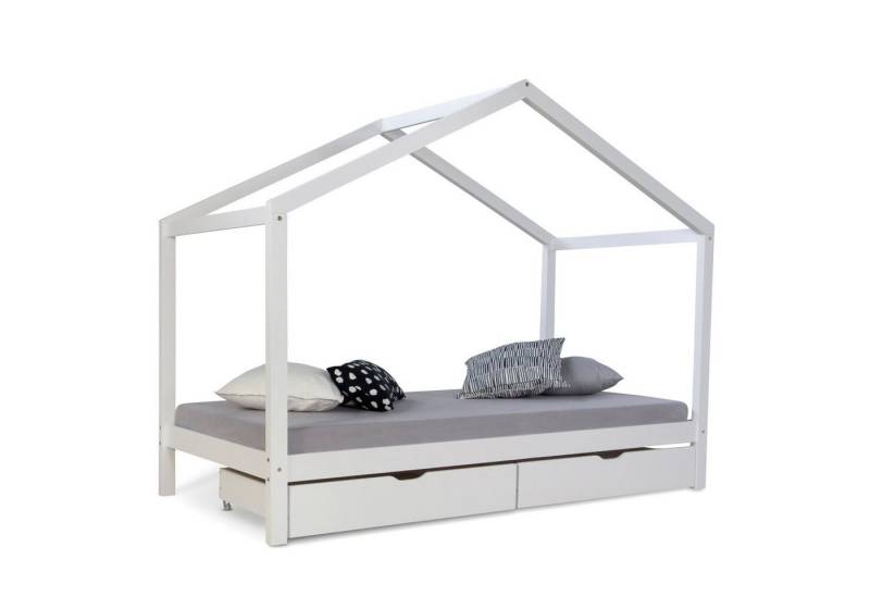 Homestyle4u Hausbett 90x200 Hausbett Holz Holzbett mit Dach Kinder Grau, Natur oder Weiß (Set, mit Lattenrost & 2 Schubladen/Bettkasten), mit Strauraum von Homestyle4u