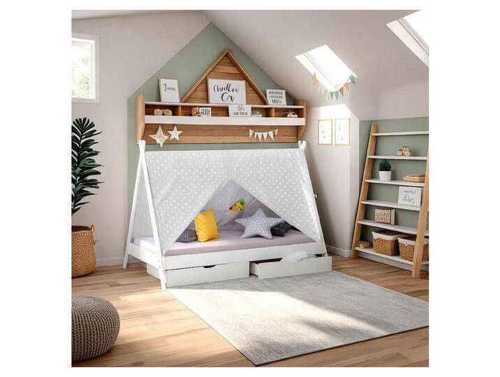 Homestyle4u Kinderbett 90x200 Hausbett TIPI Weiß Grau Sterne Vorhang Holz Zelt Kinderbett (Set, mit 2 Bettkasten/Schublade, Lattenrost + Matratze), mit Stauraum, weiß von Homestyle4u