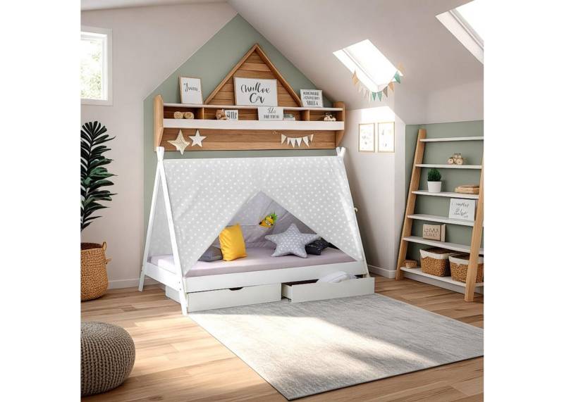 Homestyle4u Kinderbett 90x200 Hausbett TIPI Weiß Grau Sterne Vorhang Holz Zelt Kinderbett (Set, mit 2 Bettkasten/Schublade, Lattenrost + Matratze), mit Stauraum von Homestyle4u