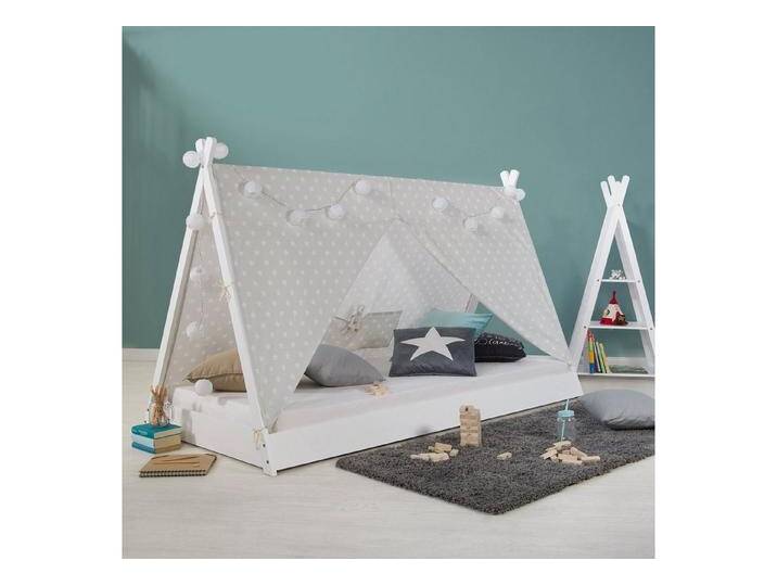 Homestyle4u Kinderbett 90x200 Hausbett TIPI Weiß Grau Sterne Vorhang Holz Zelt Kinderbett (Set, mit Lattenrost + Matratze), Kiefer, weiß von Homestyle4u