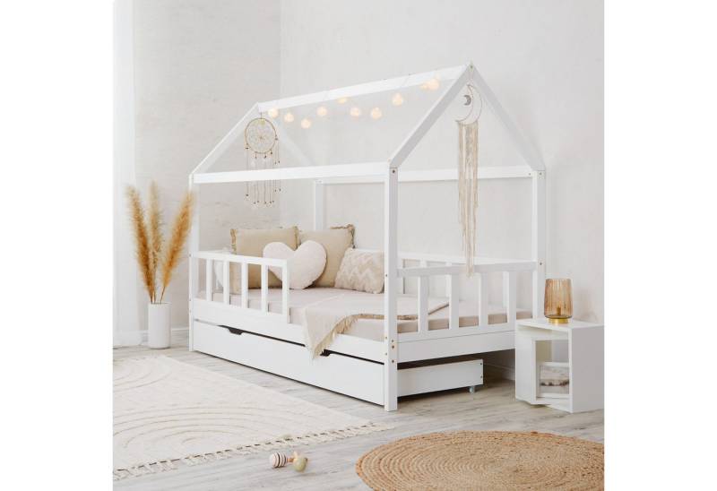 Homestyle4u Hausbett 90x200 Weiß Holz Rausfallschutz erhöht Kleinkind halbhoch Montessori (Set, Bettgestell mit Lattenrost und Rausfallschutz), mit Stauraum (1x Bettkasten/Schublade) von Homestyle4u