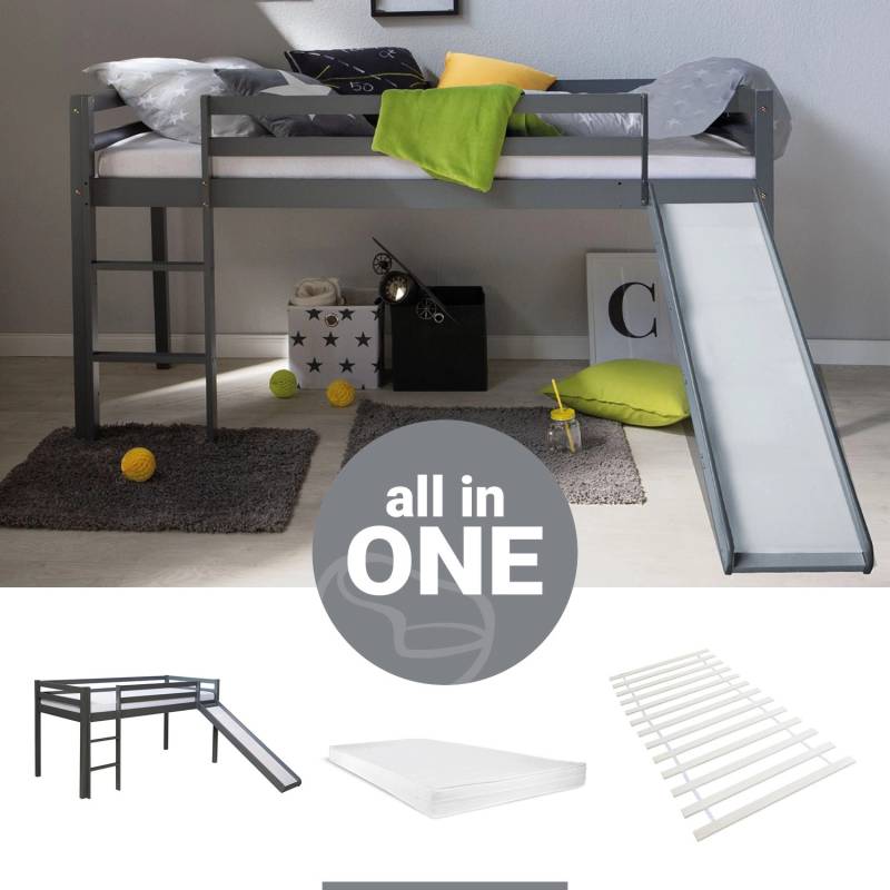 Homestyle4u Kinderbett 90x200 mit Lattenrost Matratze und Rutsche in Grau 2259 von Homestyle4u