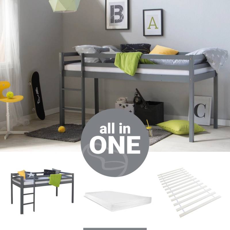 Homestyle4u Kinderbett 90x200 mit Latterost und Matratze in Grau 2257 von Homestyle4u