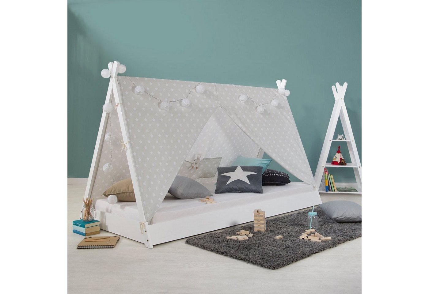 Homestyle4u Kinderbett 90x200 Hausbett TIPI Weiß Grau Sterne Vorhang Holz Zelt Kinderbett (Set, mit Lattenrost + Matratze), Kiefer Homestyle4u Kinderbett 90x200 Hausbett TIPI Weiß Grau Sterne Vorhang Holz Zelt Kinderbett (Set, mit Lattenrost + Matratze), Kiefer von Homestyle4u