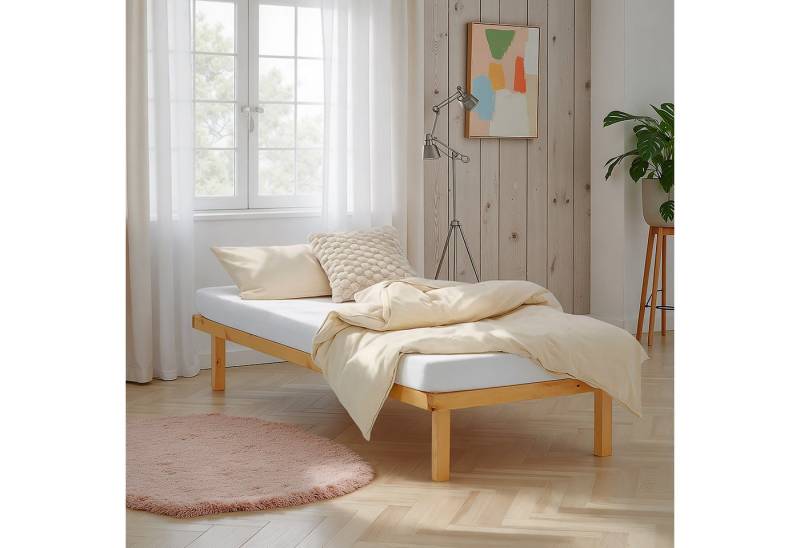 Homestyle4u Palettenbett Einzelbett 90x200 Palettenbett Natur Boden Holz ohne Kopfteil (Komplett-Set mit Lattenrost, Matratze mit OEKO-TEX® Standard 100), Matratze mit OEKO-TEX® Standard 100 von Homestyle4u