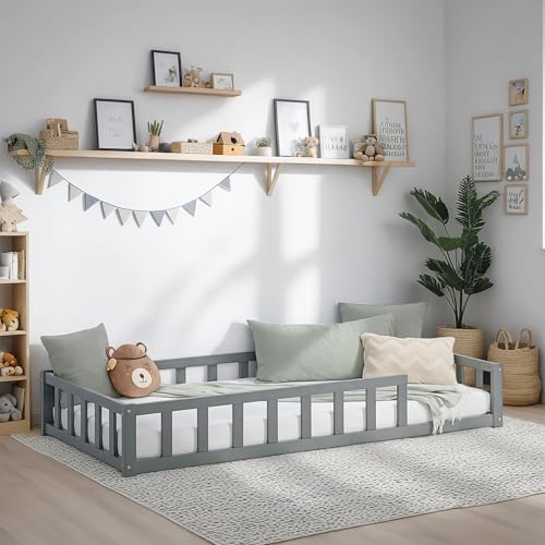 Homestyle4u Kinderbett Grau mit Matratze Rausfallschutz 90x200 cm Bodenbett Montessori Bett Lattenrost Kleinkindbett Kinderzimmer, Artikel 3123 Homestyle4u Kinderbett Grau mit Matratze Rausfallschutz 90x200 cm Bodenbett Montessori Bett Lattenrost Kleinkindbett Kinderzimmer, Artikel 3123 von Homestyle4u