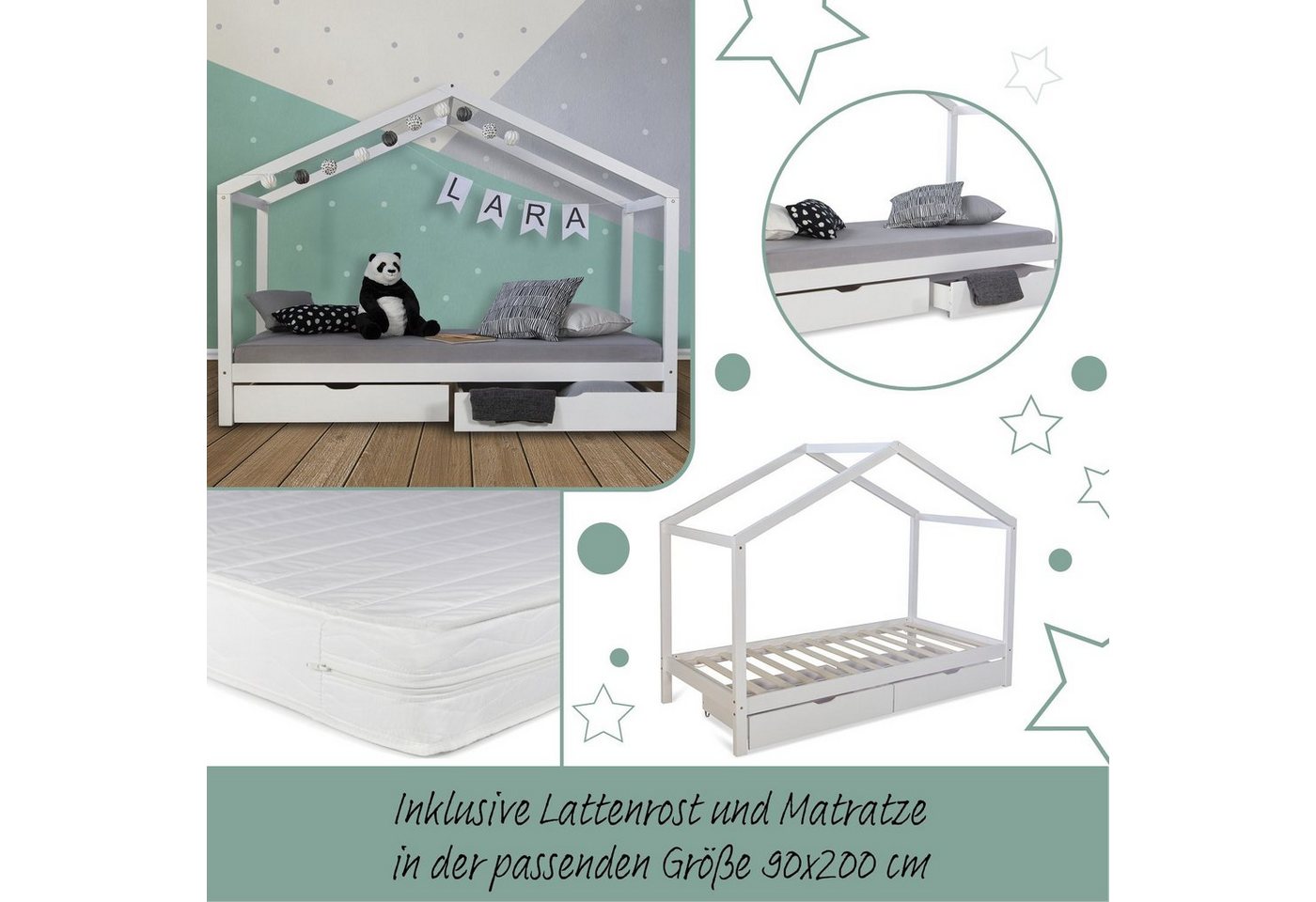 Homestyle4u Kinderbett Hausbett 90x200 cm + Matratze Kinderhaus Spielbett Holzbett Bettkasten von Homestyle4u