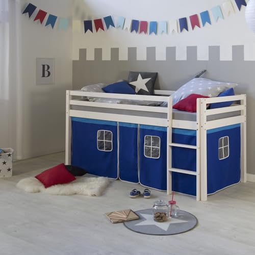 Homestyle4u Kinderbett Weiß 90 x 200 cm Holz Kiefer Blau Hochbett mit Vorhang Leiter Lattenrost Matratze von Homestyle4u