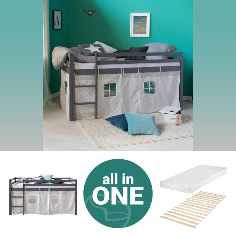 Homestyle4u Kinderhochbett 90x200 Grau mit Lattenrost Matratze 2783 von Homestyle4u