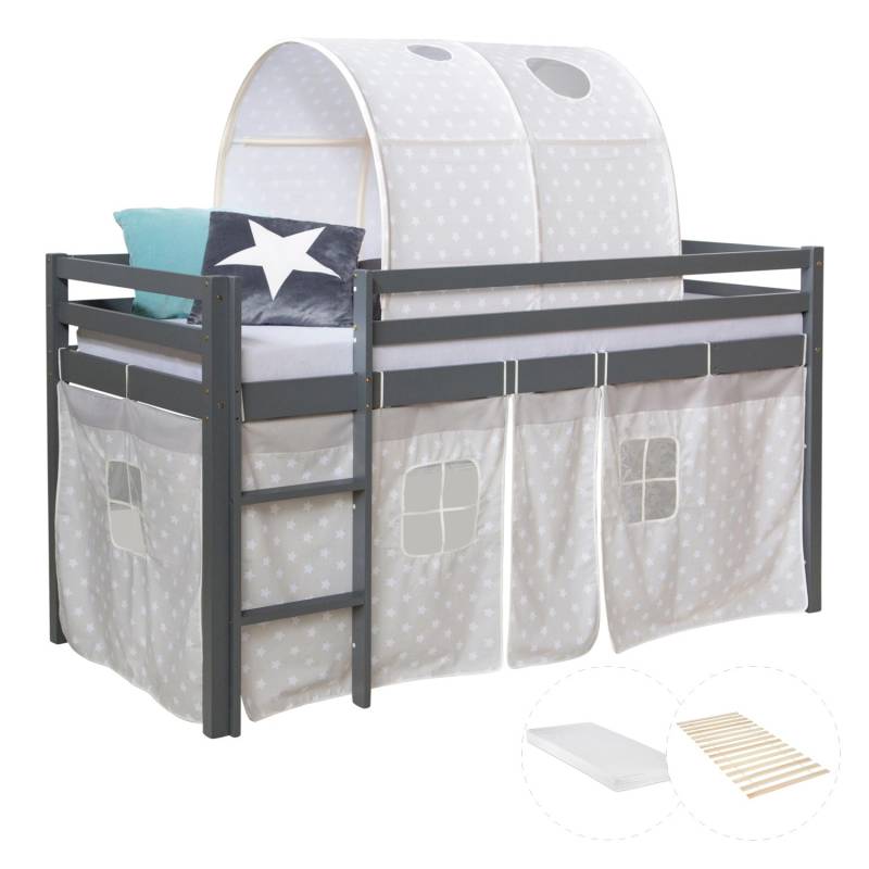 Homestyle4u Kinderhochbett 90x200 Grau mit Lattenrost Matratze 2784 von Homestyle4u
