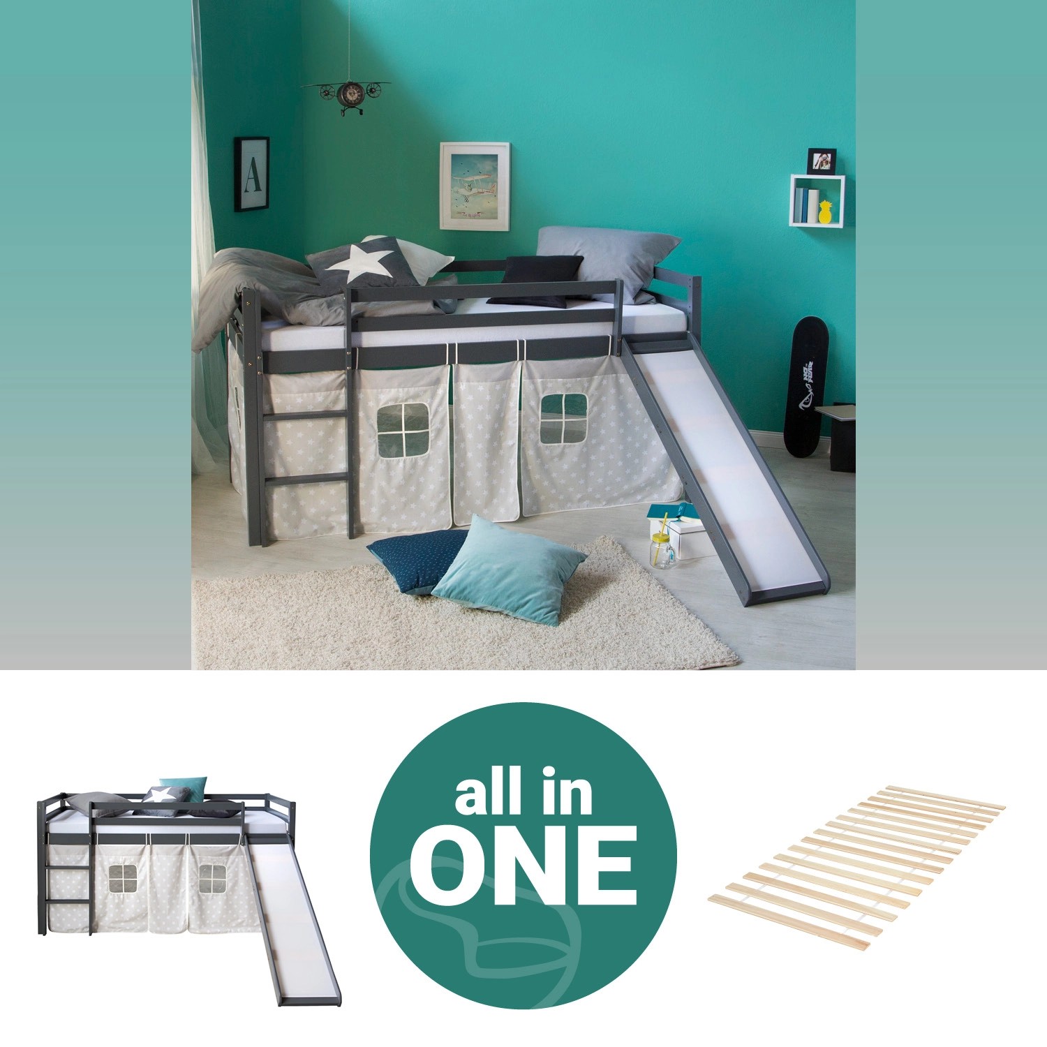 Homestyle4u Kinderhochbett 90x200 Grau mit Lattenrost Rutsche 2779 Homestyle4u Kinderhochbett 90x200 Grau mit Lattenrost Rutsche 2779 von Homestyle4u