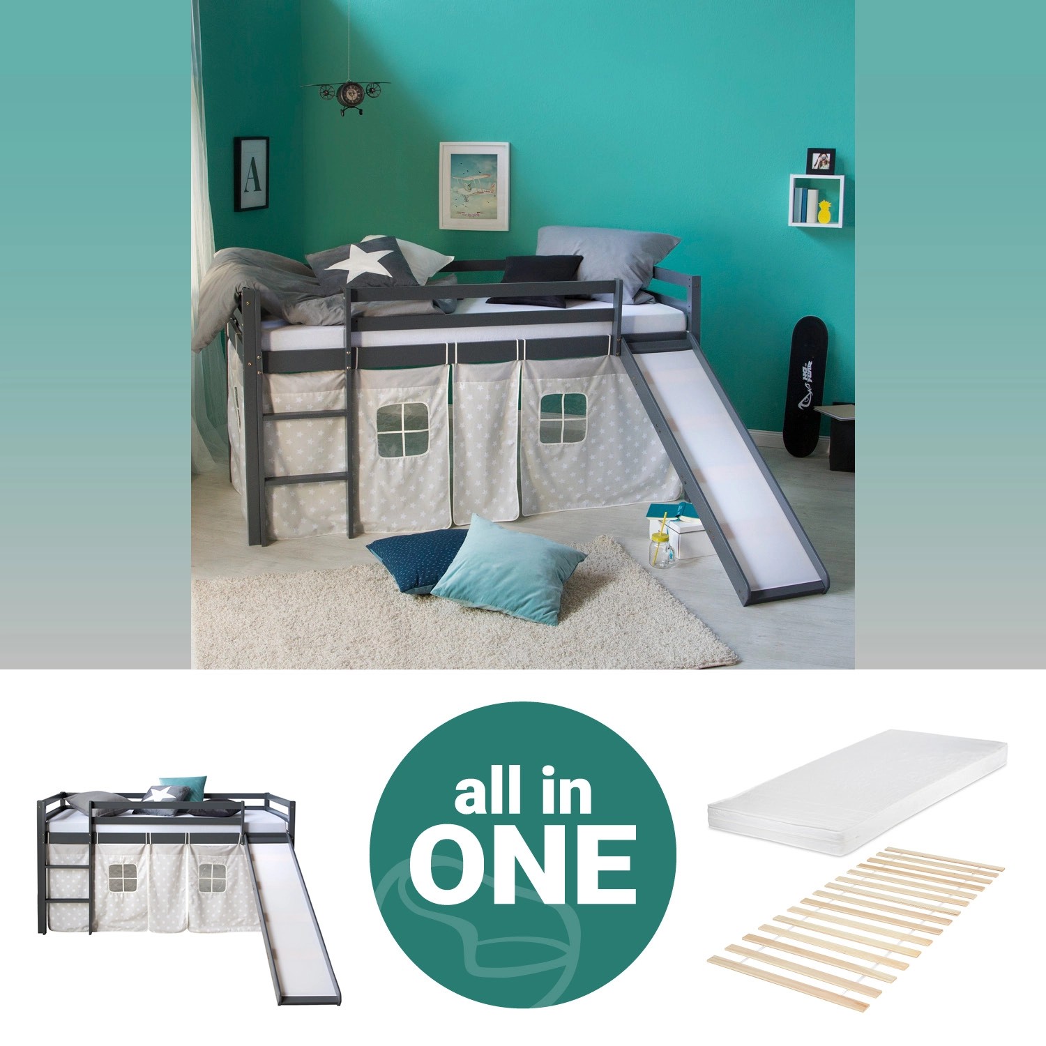 Homestyle4u Kinderhochbett 90x200 Grau mit Lattenrost Rutsche Matratze 2785 Homestyle4u Kinderhochbett 90x200 Grau mit Lattenrost Rutsche Matratze 2785 von Homestyle4u